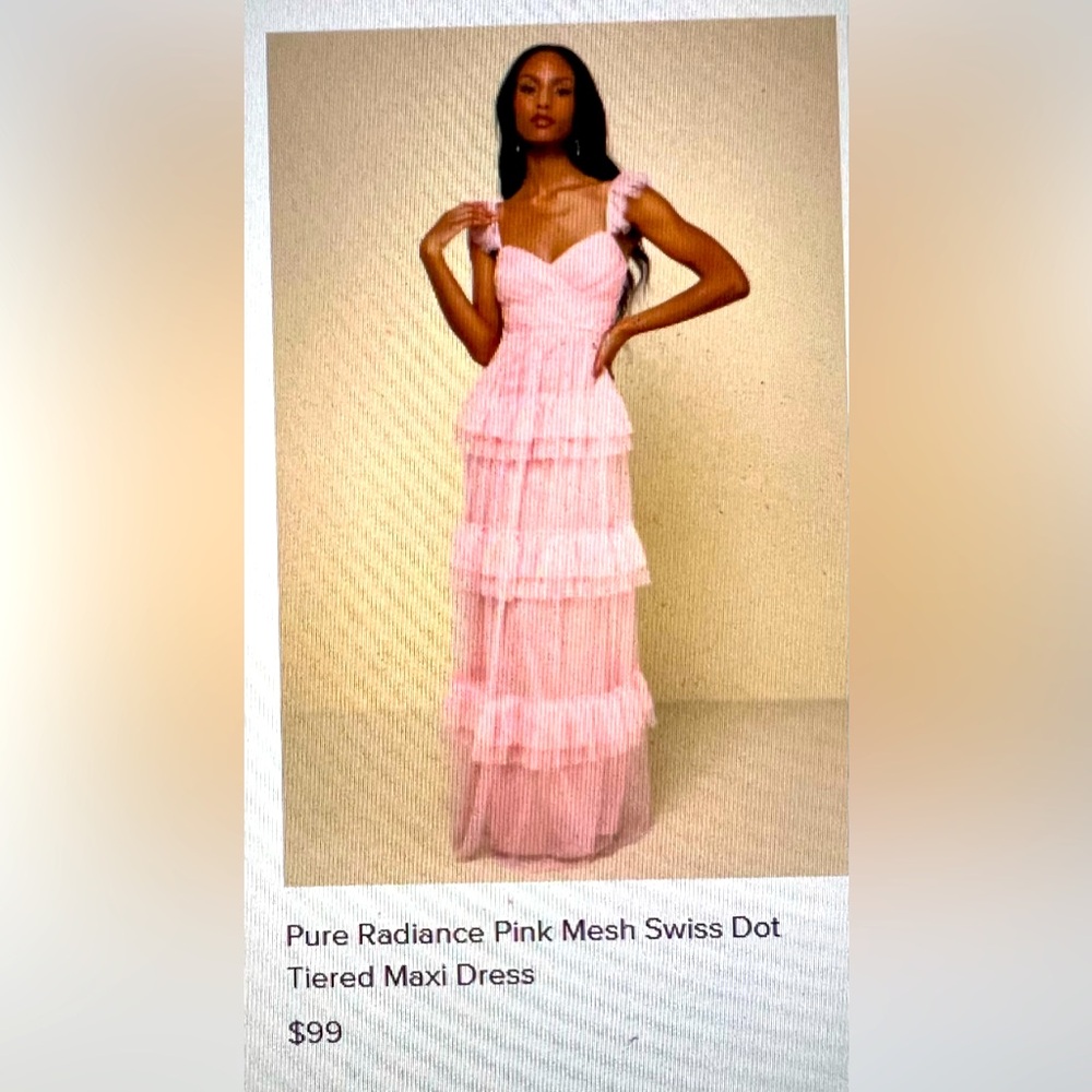 Lulus NWT Pink radiance mesh Swiss dot tiered maxi dress,  XL or size 12.